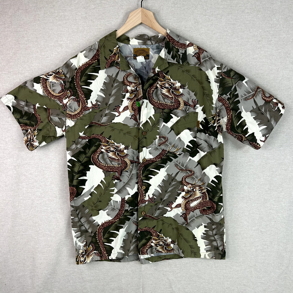 Vintage Y2K Bullhead Mens Dragon Print Button Up Shirt‎ Size XL All Over Print